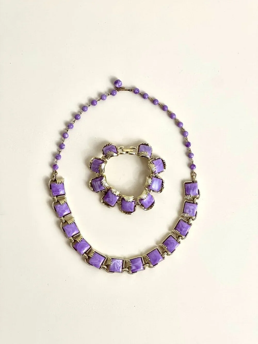 Vintage Coro Mid Century Thermoset Purple Gold-Tone Necklace & Bracelet Set MCM